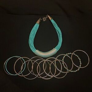 Turquoise Necklace with Gold and Turquoise Detailed Bangle Set Costume Jewelry